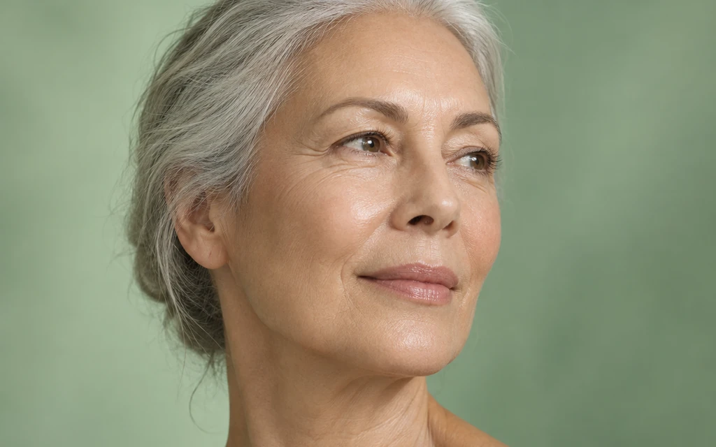 Mulher madura de cabelo grisalho, pele firme e luminosa, sobre fundo verde