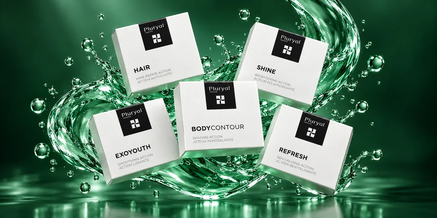 As cinco caixas da linha Pluryal Mesoline, Hair, Shine, BodyContour, Exoyouth e Refresh, sobre um respingo de gel verde
