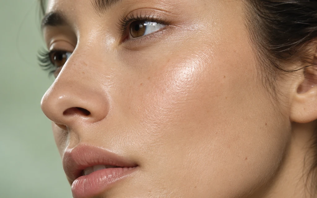 Rosto de uma mulher em perfil, pele lisa, hidratada e luminosa